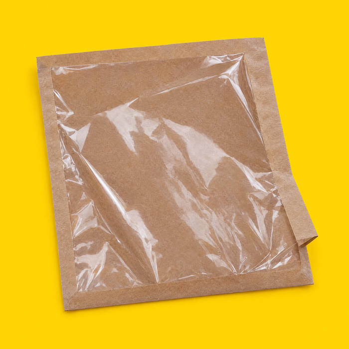 Close-up of a kraft film front paper bag, on yellow