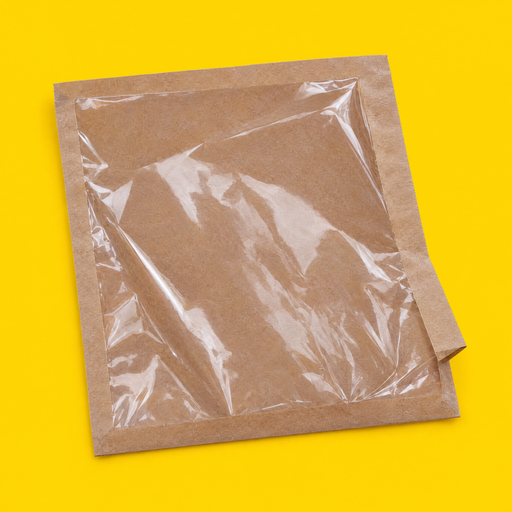 Close-up of a kraft film front paper bag, on yellow