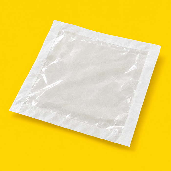 Close-up of a white film fronted bag, on yellow