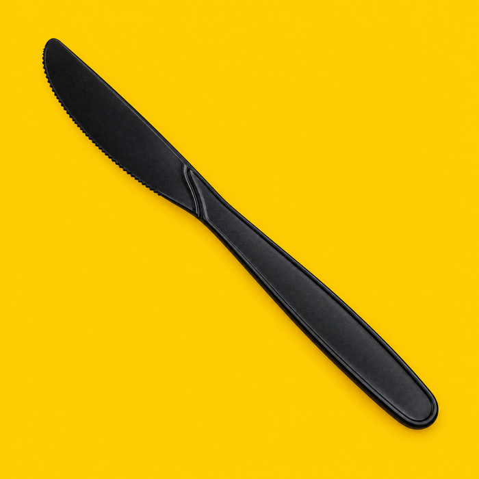 Close-up of a black cornstarch knife, on yellow