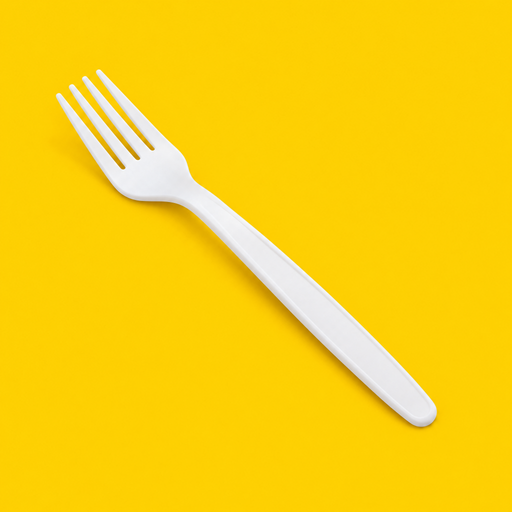 Close-up of a white cornstarch fork, on yellow