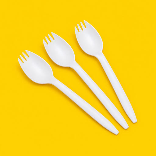 Three white cornstarch sporks 5.5 inch, on yellow