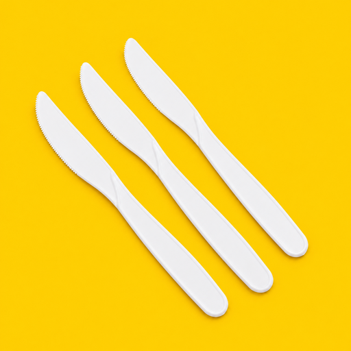 Three white cornstarch knives 7 inch, on yellow