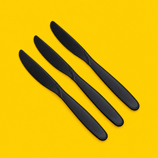 Three black cornstarch knives 7 inch, on yellow