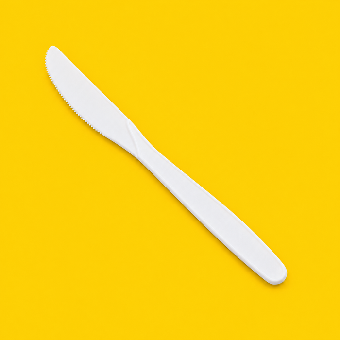 Close-up of a white thin-stem cornstarch knife, on yellow