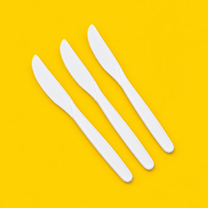 Three white thin-stem cornstarch knives 7 inch, on yellow