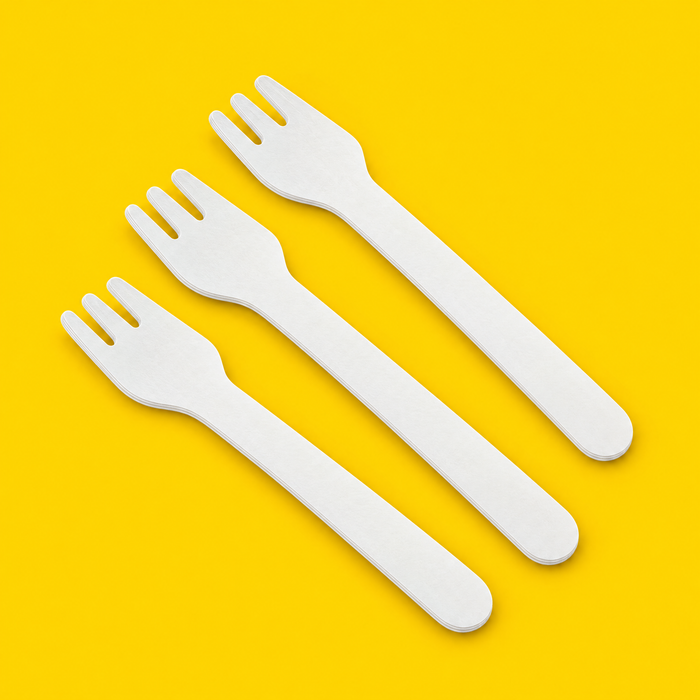Three white paper forks 160mm, on yellow