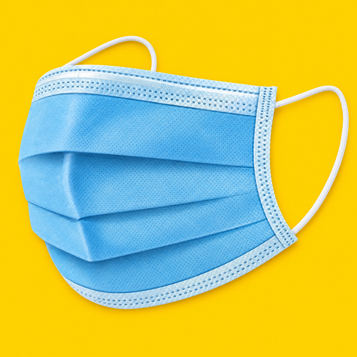 Blue 3-ply disposable face mask, on yellow