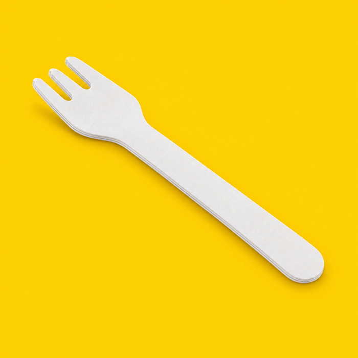 Close-up of a white 9-ply paper fork, on yellow