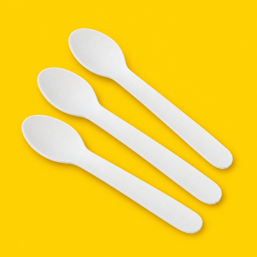 Three white paper spoons 160mm, on yellow