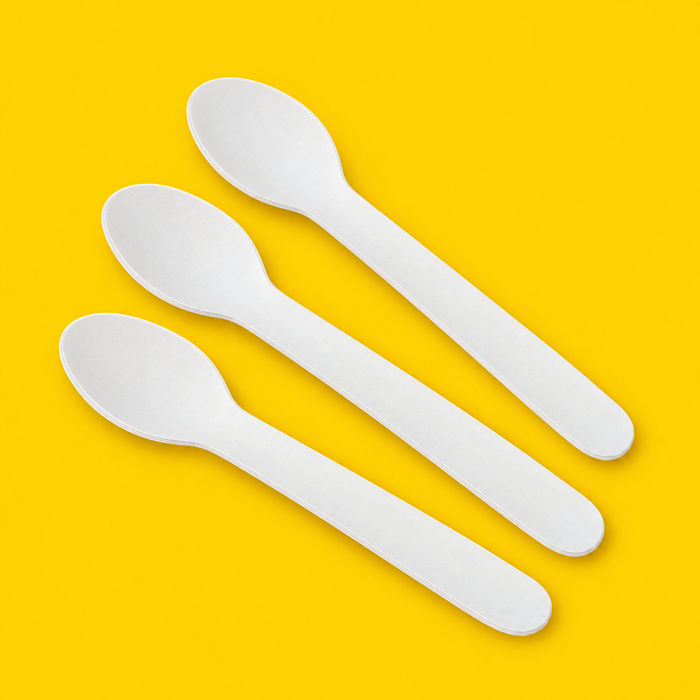 Three white paper spoons 160mm, on yellow