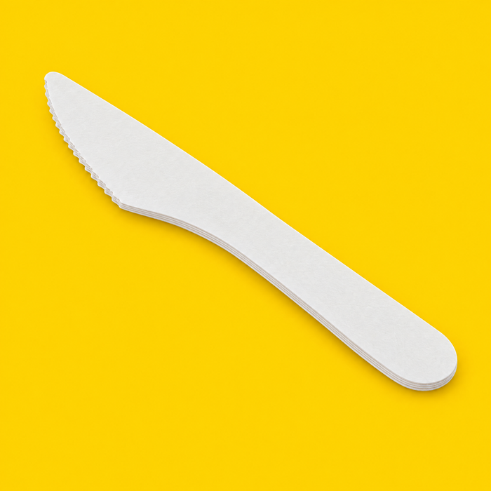 Close-up of a white 9-ply paper knife, on yellow
