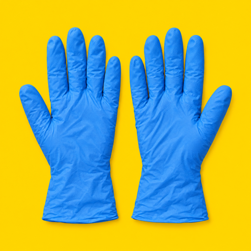 Pair of blue nitrile gloves, on yellow