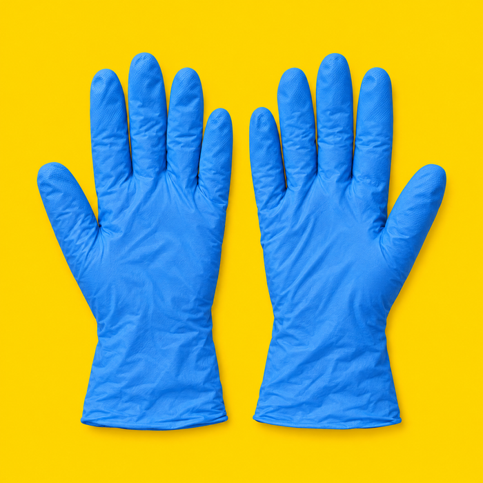 Pair of blue nitrile gloves, on yellow