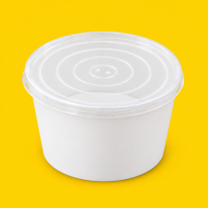 Clear PP lid fitted on a white tub, on yellow