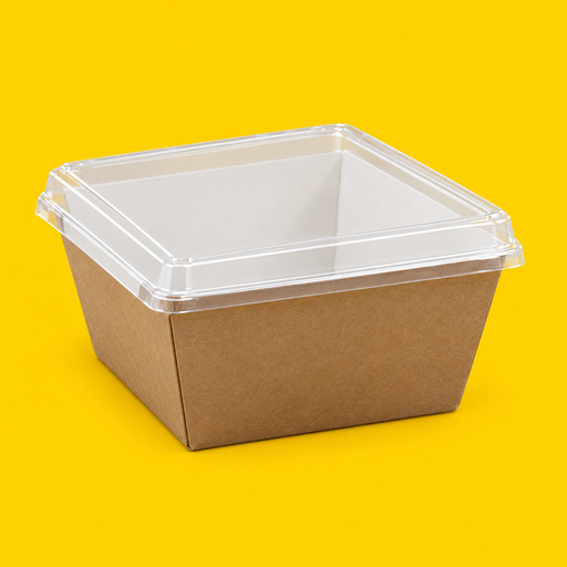 Small Fuzione clear lid fitted on a kraft tray, on yellow