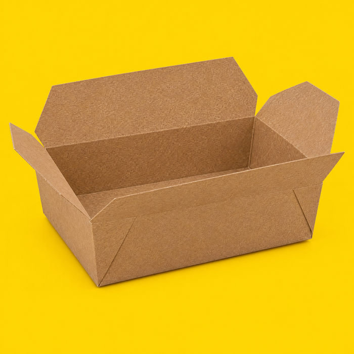 Kraft Biobox #3 with four top flaps open, on yellow