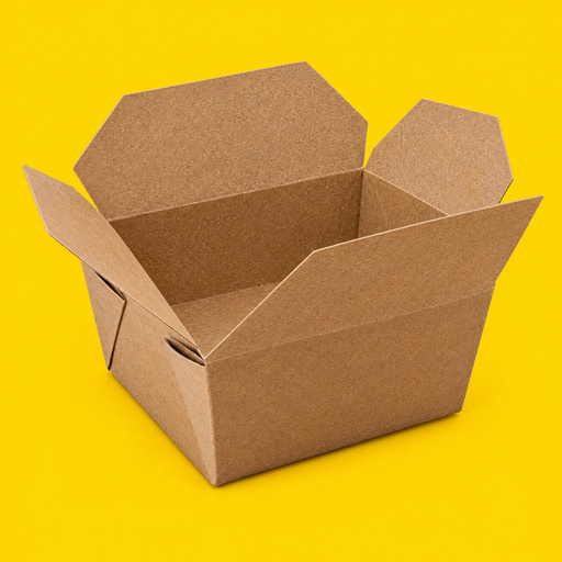 Kraft Biobox #8 with four top flaps open, on yellow