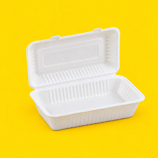 White bagasse 9x6 inch clamshell, open, on yellow