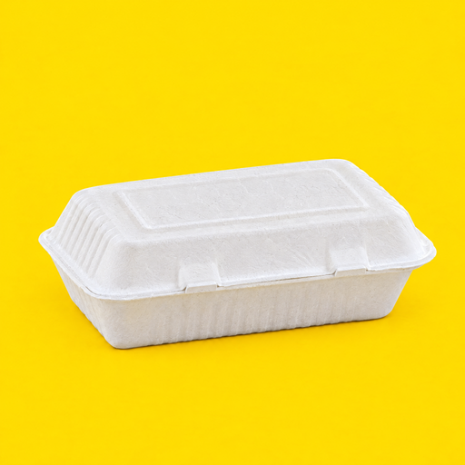 White bagasse 9x6 inch clamshell, closed, on yellow