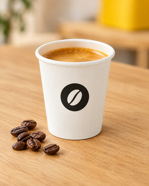 Printed 4oz espresso paper cup holding an espresso