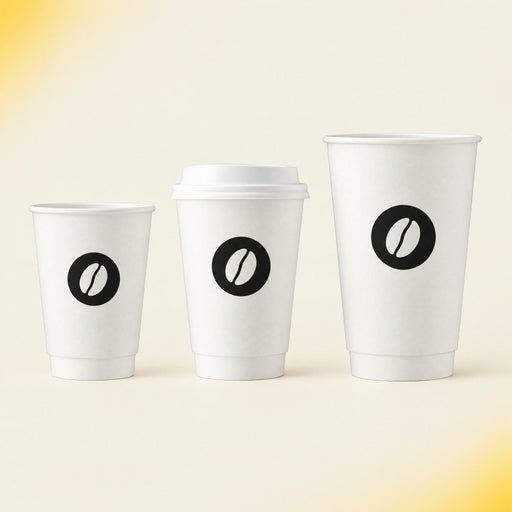 Double wall paper hot cups in 8oz, 12oz and 16oz, printed with a one-colour logo
