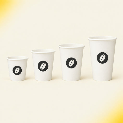 Single wall paper hot cups in 4oz, 8oz, 12oz and 16oz, printed with a one-colour logo